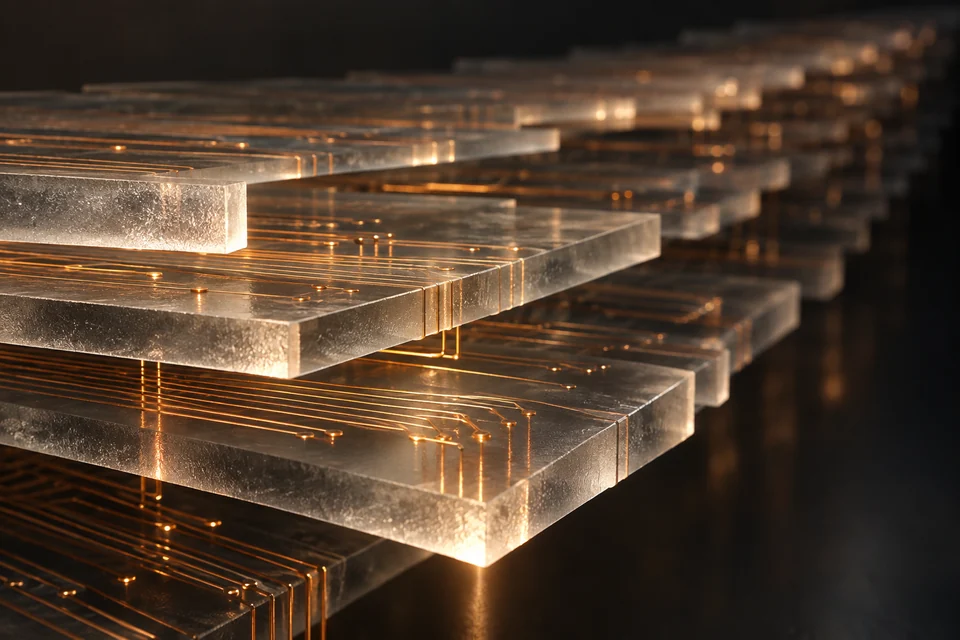 Layers of frosted glass with fine copper paths receding into a dark background.