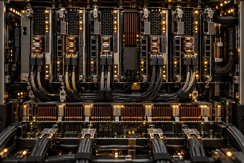 Rows of modular server components with organized cable bundles, copper contacts, and amber status lights.