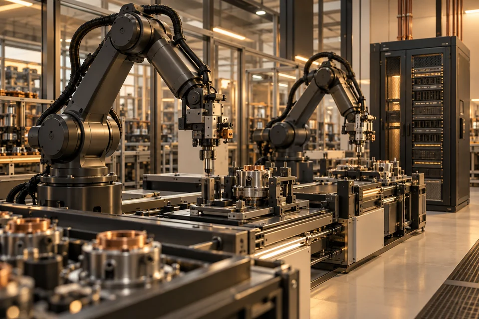 Two dark robotic arms above a precision assembly line beside a computing cabinet.