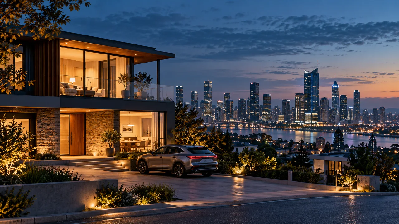 AI-generated illustration of a home and car overlooking a city at dusk.