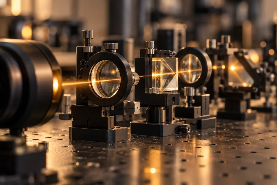 An amber beam passes through glass lenses and a prism in adjustable black mounts on an optical bench.