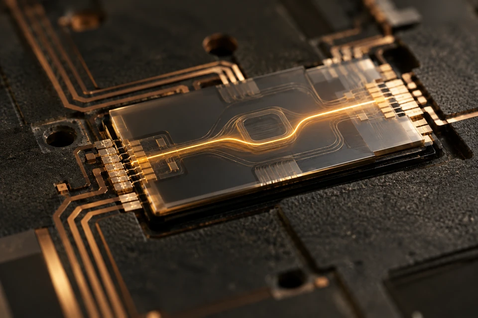 Macro view of a photonic chip with copper traces and a glowing amber path on a dark ceramic substrate.