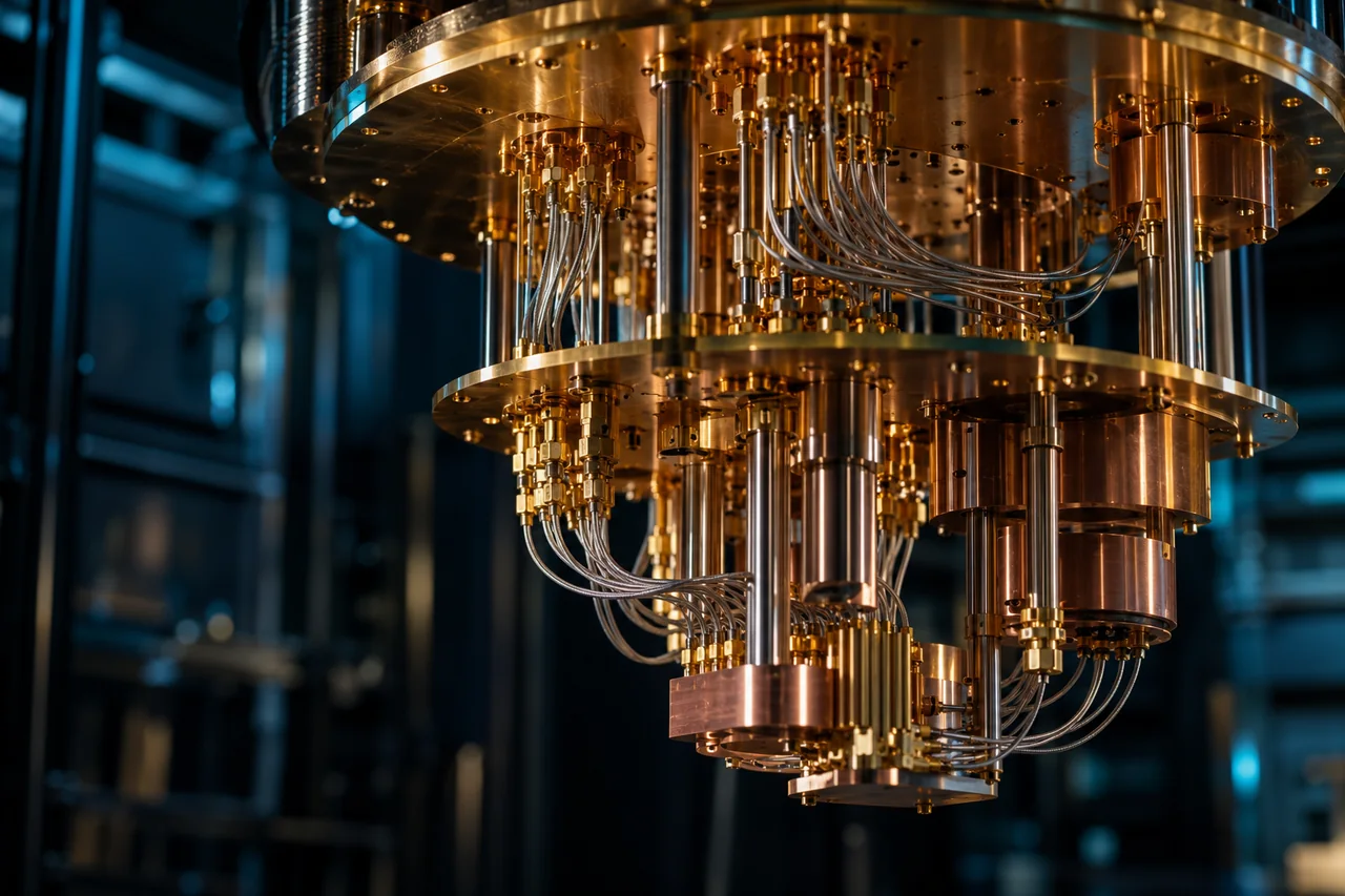 AI-generated illustration of copper cryogenic equipment and fine cables in a quantum-computing laboratory.