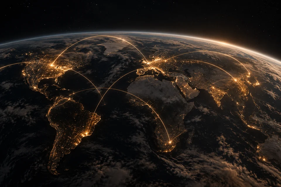 Earth at night with warm city lights and curved amber lines above the surface.