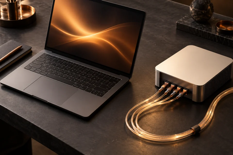 Open laptop beside a compact metal device and neatly looped amber optical cables on a dark desk.