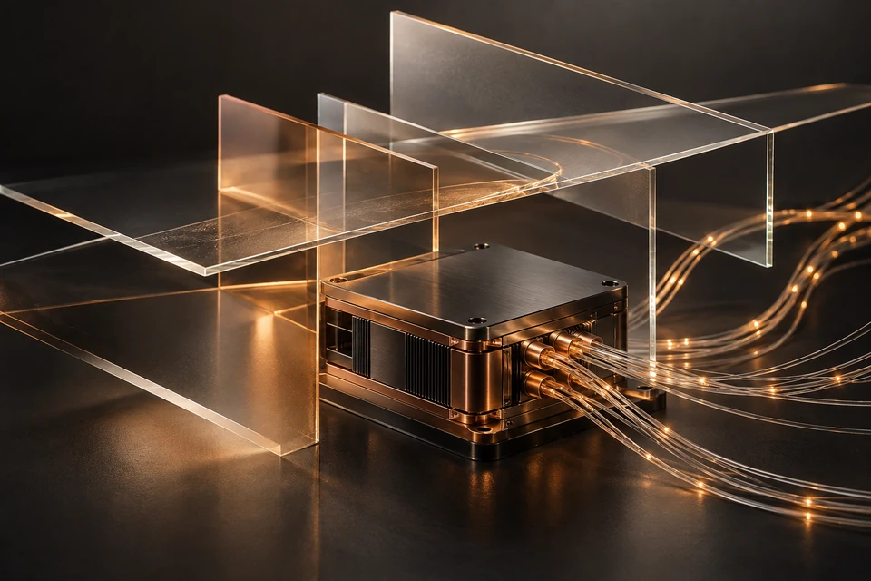 A compact metal hardware module surrounded by translucent glass planes and warm glowing fiber connections.
